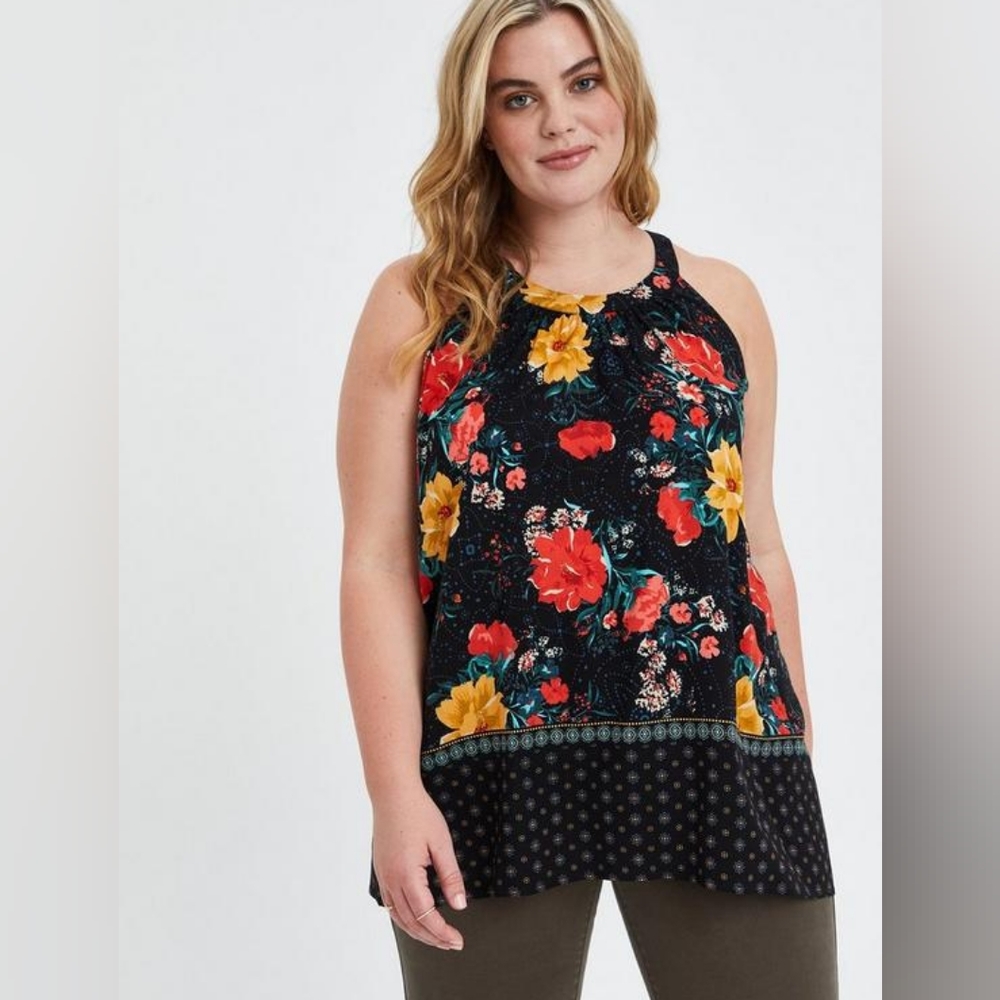 NWT Torrid 1 Black Floral Textured Stretch Rayon Goddess Tank